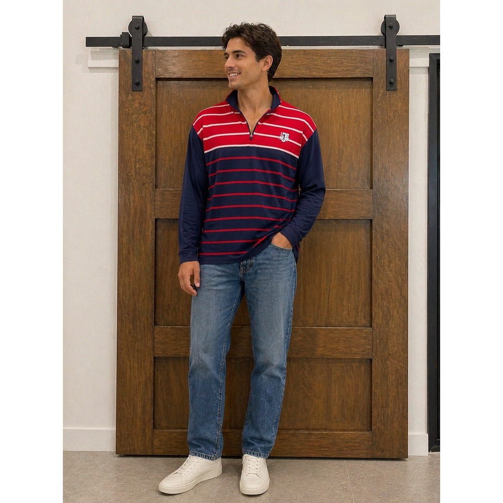 Good Good Mens 3XL Red Navy Blue‎ Striped Quarter Zip Golf Pullover Long Sleeve